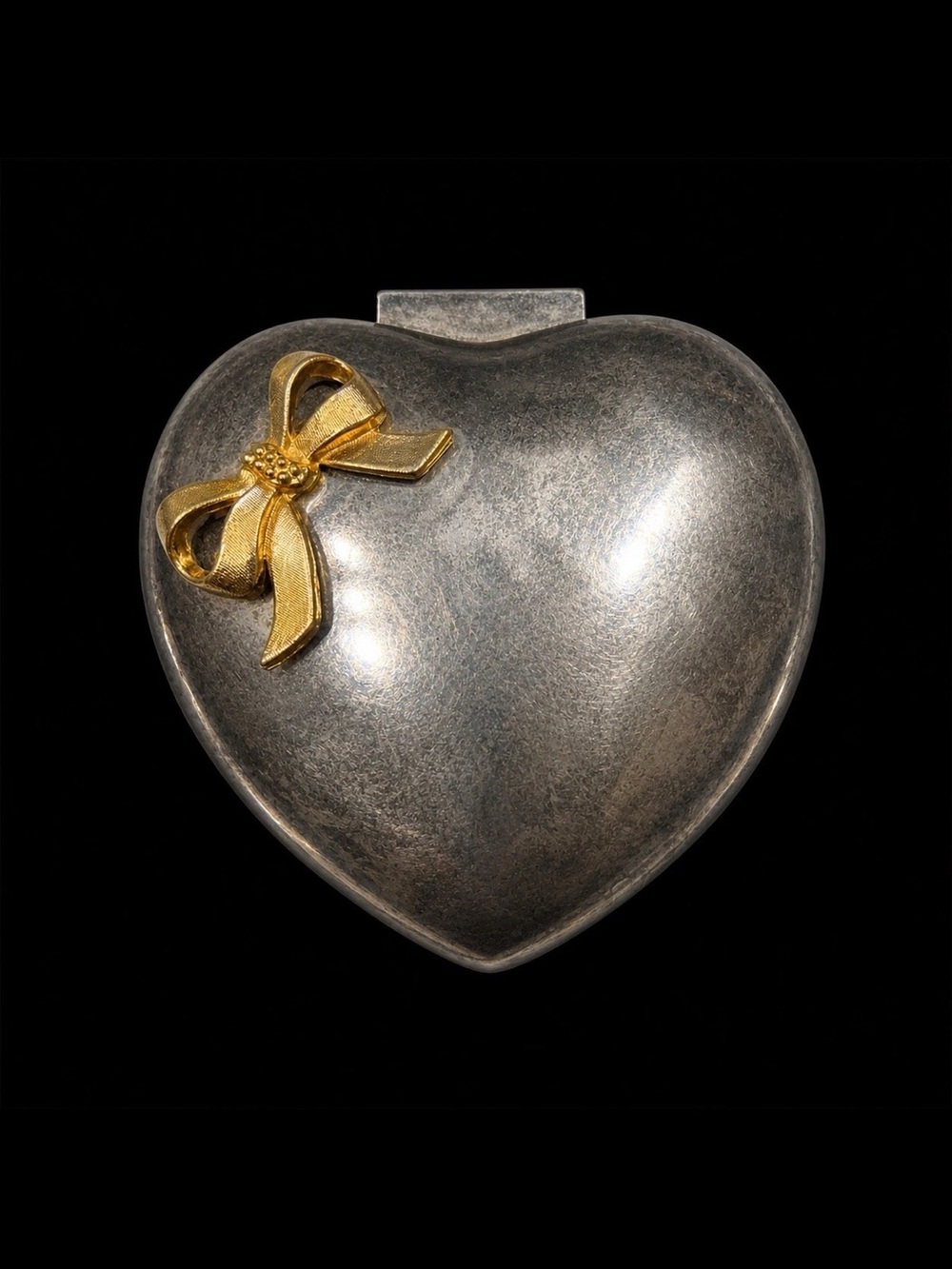 Vintage Silver Tone Heart Jewelry Box Gold Bow Red Velvet Trinket
